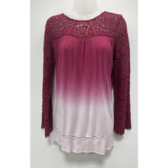 Umgee Sz S Top Tunic Bell Sleeve Pink Ombre Boho Shirt Lace - Picture 1 of 7